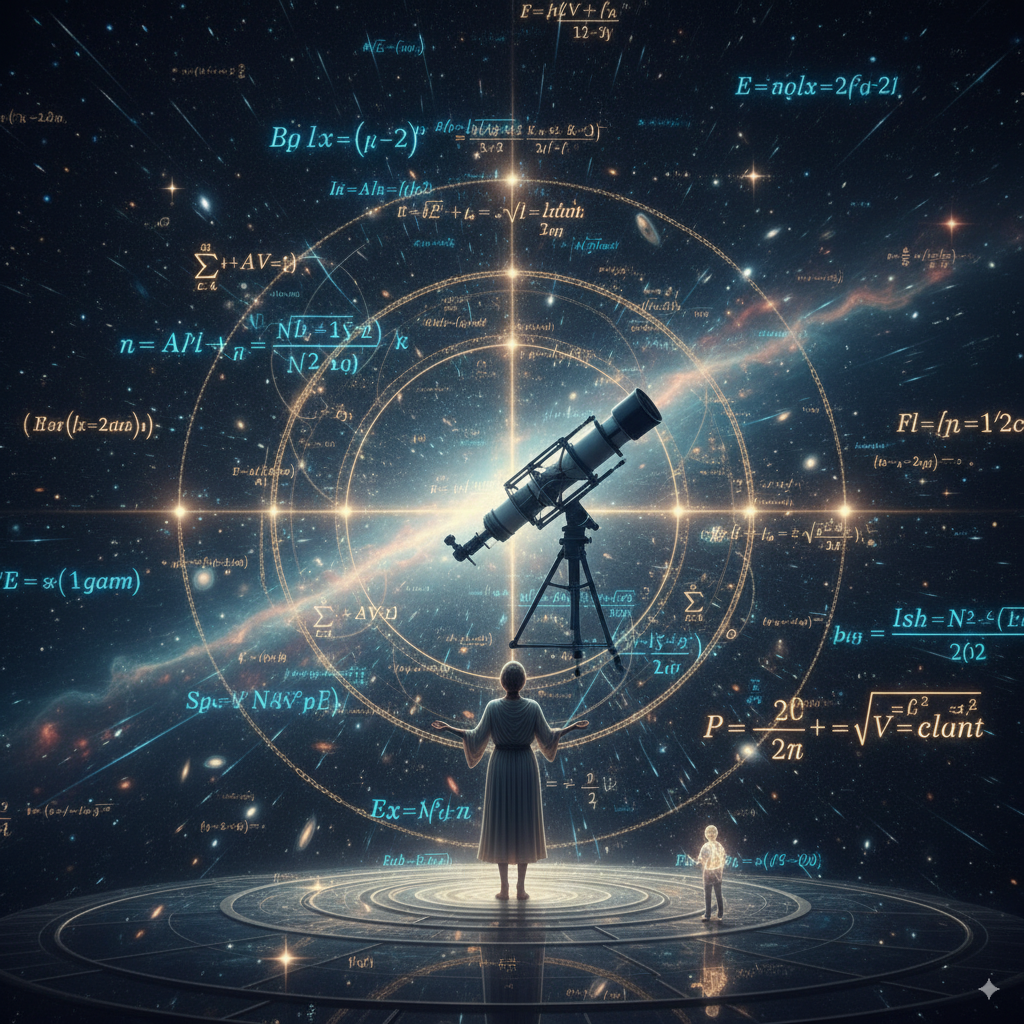 Mathematical equations floating in space, repeating at different scales